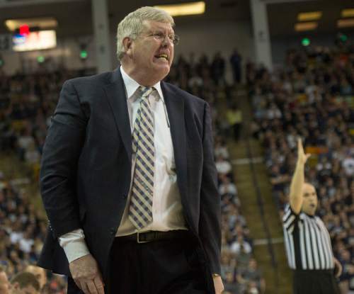 Rick Egan  |  The Salt Lake Tribune

Utah State Aggies head coach Stew Morrill has a few words for the referee, in basketball action, Utah State vs. Colorado State, in Logan, Saturday, March 7, 2015