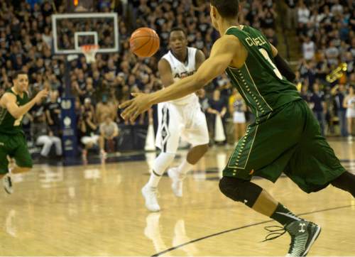 Rick Egan  |  The Salt Lake Tribune

Utah State Aggies guard Darius Perkins has his pass picked off by Colorado State Rams guard Gian Clavell (3) with less than 10 seconds left in the game. The Aggies lost to the Rams 75-70, in basketball action, Utah State vs. Colorado State, in Logan, Saturday, March 7, 2015