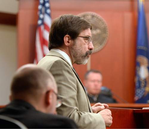 Al Hartmann  |  The Salt Lake Tribune
Defense lawyer Fred Metos questions Dr. Erik Christensen, assistant state medical examiner, in 3rd District Court in Salt Lake City Monday Feb. 23, 2015, in the Johnny Brickman Wall trial. Wall is accused of killing his former wife and researcher Uta von Schwedler in her Sugar House home in September 2011.