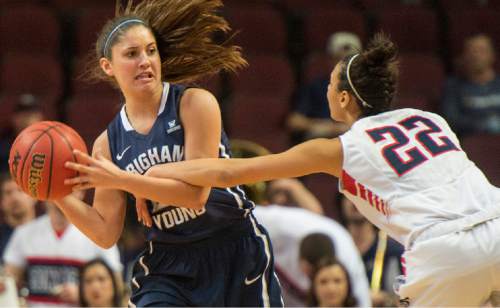Rick Egan  |  The Salt Lake Tribune

Gonzaga Bulldogs forward Shaniqua Nilles (22) grabs the arm of Brigham Young Cougars guard Cassie Broadhead (20) in the West Coast Conference Basketball Championships, at the Orleans Arena, in Las Vegas,  Monday, March 9, 2015