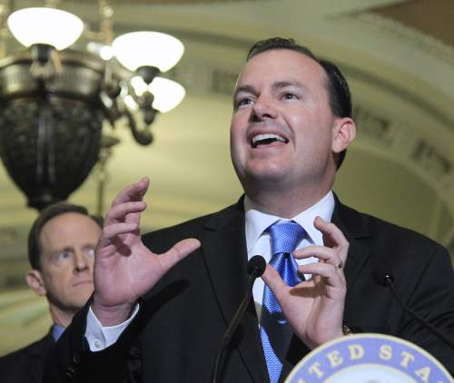 Sen. Mike Lee, R-Utah speaks to reporters about balancing the budget, Wednesday, June 29, 2011, on Capitol Hill in Washington. (AP Photo/Manuel Balce Ceneta)