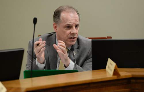 Francisco Kjolseth  |  The Salt Lake Tribune 
Rep. Brian Greene, R-Pleasant Grove, explains his no vote saying "it goes too far in one way" during House committee debate on SB296 the antidiscrimination bill on Tuesday, March, 10, 2015. The bill passed 9-2 and heads to the House.