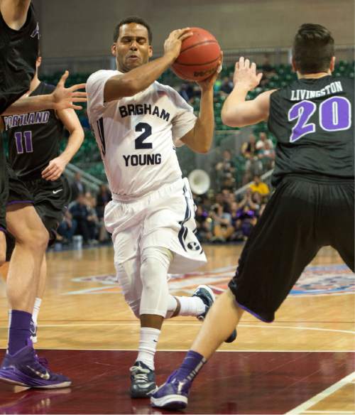 Rick Egan  |  The Salt Lake Tribune

Brigham Young Cougars guard Jordan Ellis (2) takes the ball up the middle, in West Coast Conference Basketball Championship action, BYU vs. Portland, at the Orleans Arena, in Las Vegas, Monday, March 9, 2015