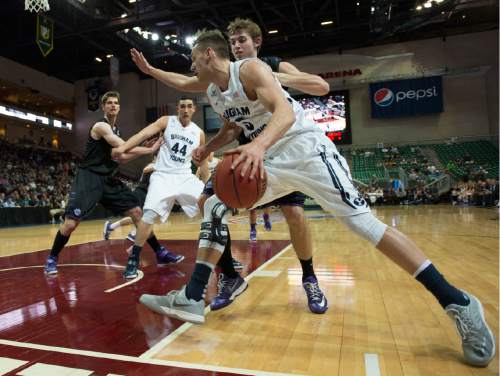 Rick Egan  |  The Salt Lake Tribune

Brigham Young Cougars guard Kyle Collinsworth (5) takes the ball inside, in West Coast Conference Basketball Championship action, BYU vs. Portland, at the Orleans Arena, in Las Vegas, Monday, March 9, 2015