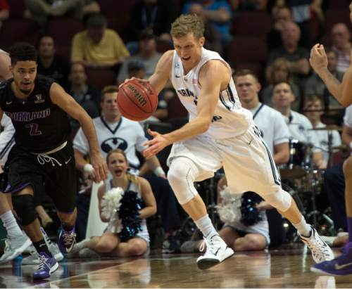 Rick Egan  |  The Salt Lake Tribune

Brigham Young guard Tyler Haws (3) leads a fast break for the Cougars in West Coast Conference Basketball Championship action, BYU vs. Portland, at the Orleans Arena in Las Vegas, Monday, March 9, 2015.