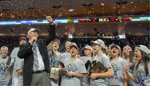 Rick Egan  |  The Salt Lake Tribune

Brigham Young Cougars celebrate after defeating the San Francisco Dons 76-65, in the West Coast Conference Women's Basketball Championship game, at the Orleans Arena, in Las Vegas, Tuesday, March 10, 2015