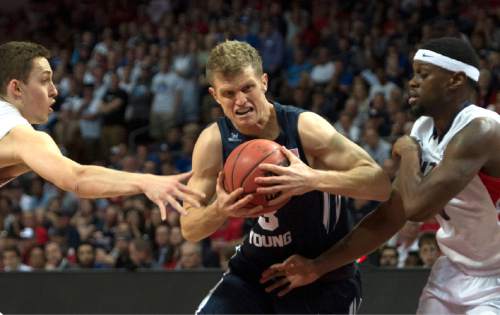 Rick Egan  |  The Salt Lake Tribune

Brigham Young Cougars guard Tyler Haws (3) tries to get through the Bulldog defense in the West Coast Conference championship game, BYU vs. Gonzaga, at the Orleans Arena, in Las Vegas, Tuesday, March 10, 2015