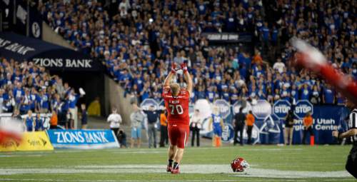 Trent Nelson  |  The Salt Lake Tribune
Utah Utes defensive tackle Daniel Nielson (70) taunts BYU fans after the win as the BYU Cougars host the Utah Utes, college football Saturday, September 21, 2013 at LaVell Edwards Stadium in Provo.