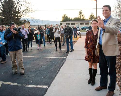 Rick Egan  |  The Salt Lake Tribune

John Dehlin and his wife greet a crowd of more than 200 people as they arrive at the North Logan LDS Stake Center for the disciplinary council in North Logan, Sunday, February 8, 2015