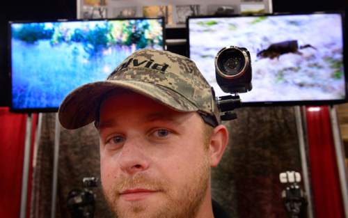 Scott Sommerdorf   |  The Salt Lake Tribune
Chris Jackson of Solvid of Clarkston, Wash., wears the Universal Head Mount that his company sells that allows hunters to video their exploits. Seen at the Solvid booth at the International Sportsmen's Expo at the South Towne Expo Center, Thursday, March 12, 2015. The show continues through Sunday.