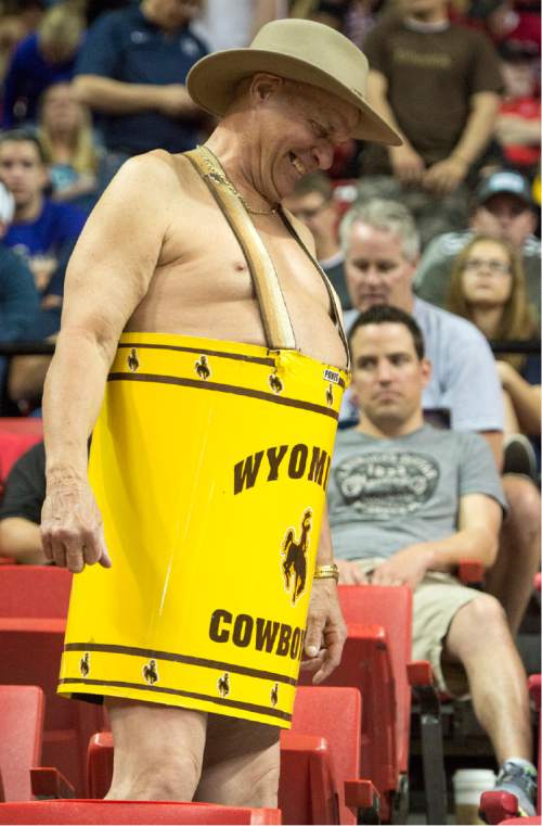 Rick Egan  |  The Salt Lake Tribune

A Wyoming fan cheers on his team in Mountain West Conference Basketball Championship action, Utah State vs. Wyoming, at the Thomas & Mack Center in Las Vegas, Thursday, March 12, 2015.