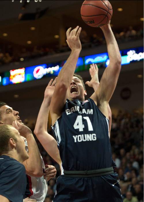 Rick Egan  |  The Salt Lake Tribune

Brigham Young forward Luke Worthington (41) scores for the Cougars, in the West Coast Conference championship game, BYU vs. Gonzaga, at the Orleans Arena, in Las Vegas, Tuesday, March 10, 2015