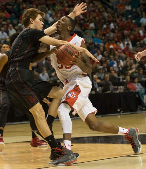 Rick Egan  |  The Salt Lake Tribune

Utah Utes guard Delon Wright (55) is fouled on the play, by Stanford Cardinal guard Christian Sanders (1), in Pac-12 Basketball Championship action Utah vs. Stanford, at the MGM Arena, in Las Vegas, Thursday, March 12, 2015.
