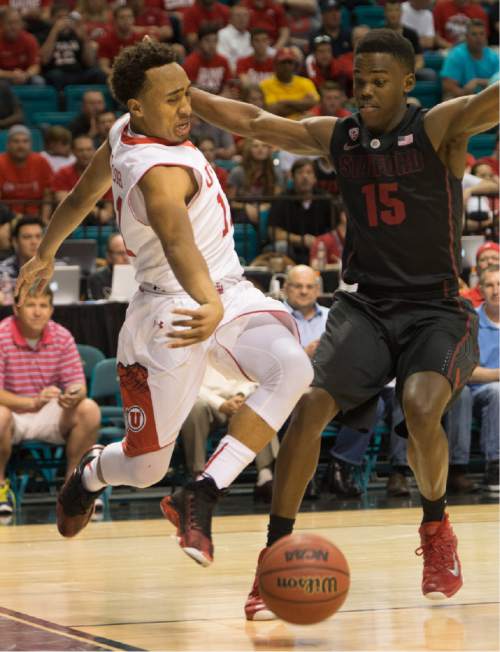 Rick Egan  |  The Salt Lake Tribune

Utah Utes guard Brandon Taylor (11) is forced out of bounds by Stanford Cardinal guard Marcus Allen (15), in Pac-12 Basketball Championship action Utah vs. Stanford, at the MGM Arena, in Las Vegas, Thursday, March 12, 2015.