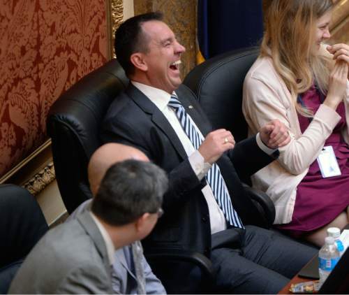 Al Hartmann  |  The Salt Lake Tribune 
Speaker of the House Greg Hughes has a hearty laugh over procedure on 3S HB 91 the Campaign Contributions Amendments bill in the Utah House of Representatives on the final day of the 2015 legislative session in Salt Lake City Thursday March 12.