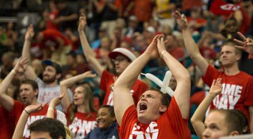 Rick Egan  |  The Salt Lake Tribune

Utah fans go wild as the Utes extend their lead to 20 points, in Pac-12 Basketball Championship action Utah vs. Stanford, at the MGM Arena, in Las Vegas, Thursday, March 12, 2015.