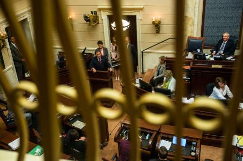 Chris Detrick  |  The Salt Lake Tribune
Gov. Gary R. Herbert speaks to the Senate during the last night of the 2015 legislative session at the Utah State Capitol Thursday March 12, 2015.
