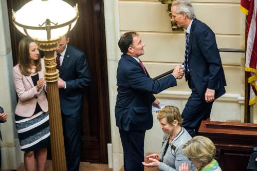 Chris Detrick  |  The Salt Lake Tribune
Gov. Gary R. Herbert shakes the hands of Senate President Wayne Niederhauser during the last night of the 2015 legislative session at the Utah State Capitol Thursday March 12, 2015.