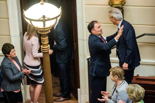 Chris Detrick  |  The Salt Lake Tribune
Gov. Gary R. Herbert shakes the hands of Senate President Wayne Niederhauser during the last night of the 2015 legislative session at the Utah State Capitol Thursday March 12, 2015.