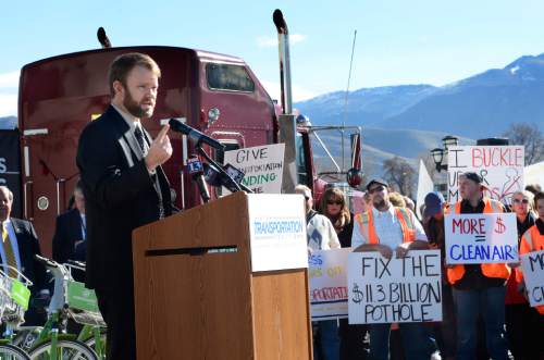 Scott Sommerdorf   |  The Salt Lake Tribune
Representative Johnny Anderson, R-Taylorsville, and chair of the House Transportation Committee, speaks about his gas tax peoposal at a rally advocating improvements to Utah's transportation systems, Wednesday, February 25, 2015.