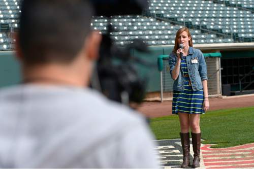 Leah Hogsten  |  The Salt Lake Tribune
Madi Reeves of Bountiful is recorded as she sings the National Anthem. The Salt Lake Bees will held auditions for people who wish to sing the national anthem before the crowds during one of the 72 Bees home games this season, Saturday, March 14, 2015 in Salt Lake City.
