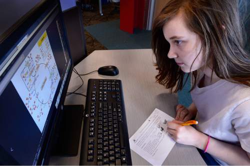 Scott Sommerdorf   |  The Salt Lake Tribune
Faith Noel works on Science homework after school on one of the computers available to the public at the Glendale Public Library, Thursday, March 12, 2015.