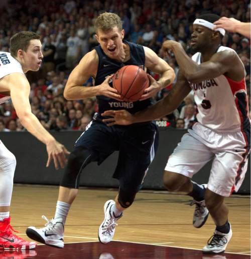 Rick Egan  |  The Salt Lake Tribune

Brigham Young Cougars guard Tyler Haws (3) tries to get past Gonzaga Bulldogs , guard Gary Bell Jr. (5)in the West Coast Conference championship game, BYU vs. Gonzaga, at the Orleans Arena, in Las Vegas, Tuesday, March 10, 2015