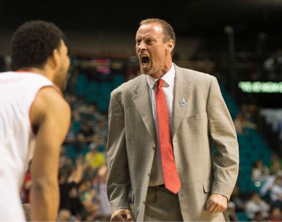 Rick Egan  |  The Salt Lake Tribune

Utah Utes head coach Larry Krystkowiak reacts as the Utes expend their lead to 18 points with 7 minutes left in the game, in Pac-12 Basketball Championship action Utah vs. Stanford, at the MGM Arena, in Las Vegas, Thursday, March 12, 2015.
