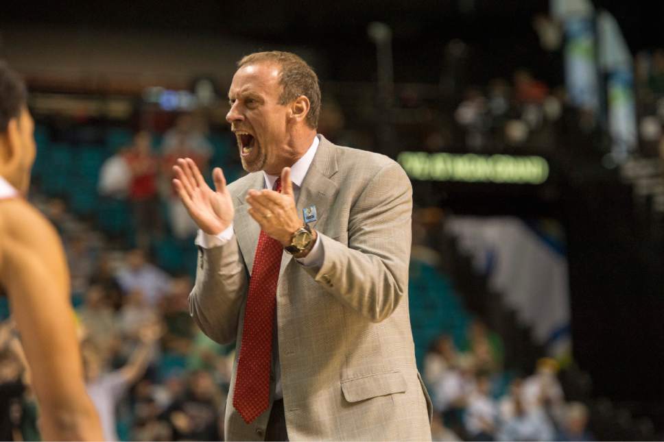 Rick Egan  |  The Salt Lake Tribune

Utah Utes head coach Larry Krystkowiak reacts as the Utes expend their lead to 18 points with 7 minutes left in the game, in Pac-12 Basketball Championship action Utah vs. Stanford, at the MGM Arena, in Las Vegas, Thursday, March 12, 2015.