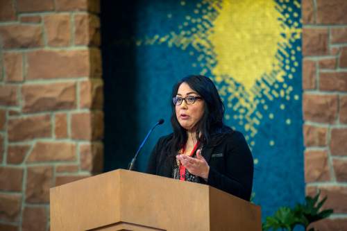 Chris Detrick  |  The Salt Lake Tribune
Elise Boxer speaks during the Sunstone Symposium at the Community of Christ Church Saturday March 14, 2015. This "Theology from the Margins Conference" was for Mormons to reflect on their experiences being people of color in the LDS Church.