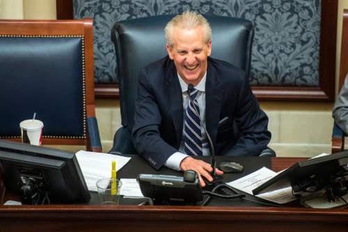Chris Detrick  |  The Salt Lake Tribune
Senate President Wayne Niederhauser laughs during the last night of the 2015 legislative session at the Utah State Capitol Thursday March 12, 2015.
