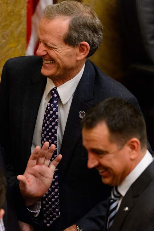 Trent Nelson  |  The Salt Lake Tribune
Rep. Brad Dee and House Speaker Greg Hughes have a laugh in the House Chamber on the last night of the Utah legislative session at the State Capitol Building in Salt Lake City, Thursday March 12, 2015.