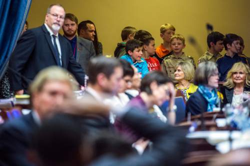 Chris Detrick  |  The Salt Lake Tribune
Boy Scouts from from East MIllcreek watch the Senate proceedings during the last night of the 2015 legislative session at the Utah State Capitol Thursday March 12, 2015.