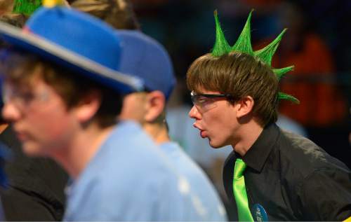 Leah Hogsten  |  The Salt Lake Tribune
Cryptonite Robotics team captain Dylan Bray from Cinco Ranch High School reacts to his team's semifinal performance during the annual Utah Regional FIRST Robotics Competition where 53 high school teams from 11 states and Canada compete to see whose robot can stack and sort recyclable materials the fastest, Saturday, March 14, 2015 at the Maverick Center.