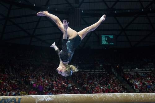 Chris Detrick  |  The Salt Lake Tribune
Utah's Georgia Dabritz competes on the beam during the gymnastics meet against Michigan at the Jon M. Huntsman Center Friday March 6, 2015. Utah defeated Michigan 198.250 to 197.675. Dabritz scored a 9.9 on the beam.