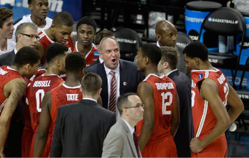 Scott Sommerdorf   |  The Salt Lake Tribune
OSU head coach Thad Matta gives his team last minute instructions as they near the end of OT. Ohio State defeated VCU 75-72 in OT at the Moda Center in Portland, Thursday, March 19, 2015.