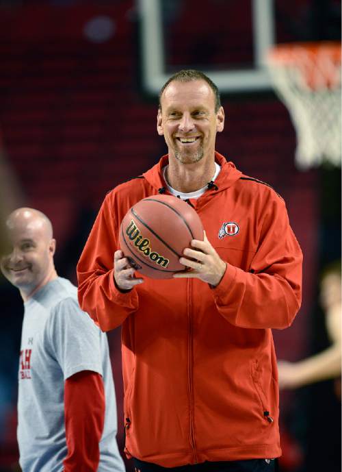 Scott Sommerdorf   |  The Salt Lake Tribune
Utah Utes head coach Larry Krystkowiak during the Utes' practice session at the Moda Center in Portland, Wednesday, March 18, 2015.