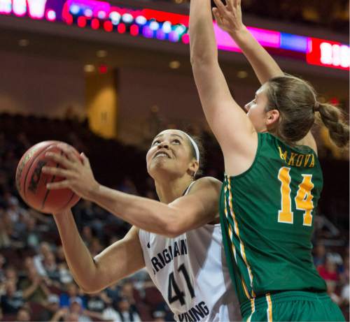 Rick Egan  |  The Salt Lake Tribune

Brigham Young Cougars forward Morgan Bailey (41) looks for a shot as San Francisco Lady Dons forward Michaela Rakova (14) defends, in West Coast Conference Women's Basketball Championship game, BYU vs. San Francisco, at the Orleans Arena, in Las Vegas, Tuesday, March 10, 2015