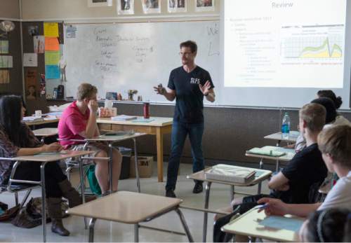 Rick Egan  |  The Salt Lake Tribune

Nathan Krueger teaches his AP World History class at Skyline high, Thursday, March 19, 2015