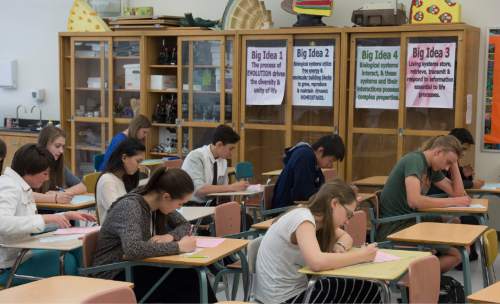 Rick Egan  |  The Salt Lake Tribune

Students work on a test to in their AP Biology class at Skyline high, Thursday, March 19, 2015
