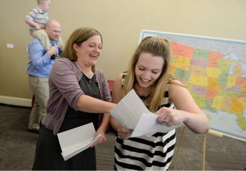 Francisco Kjolseth  |  The Salt Lake Tribune 
University of Utah medical graduate students Jessica Mayer, left, and Amalia Winters begin their emotional celebration as  students across the country open their envelopes at the same time for Match Day, where they find out where they will do their residency. Mayer matched in pediatrics at the U and Winters in thoracic surgery at Emory University.