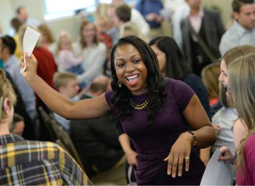 Francisco Kjolseth  |  The Salt Lake Tribune 
University of Utah medical graduate student Annalise Abiodun celebrates Match Day where 74 students from the U found out where they will be completing their medical residency.