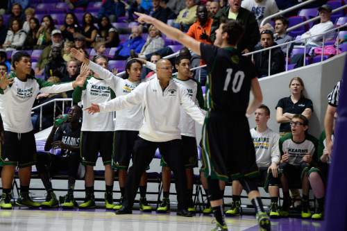 Francisco Kjolseth  |  The Salt Lake Tribune 
Kearns disputes a call during game action against Logan in 4A boys' hoops quarterfinal at the Dee Events Center in Ogden on Thursday, Feb. 26, 2015.