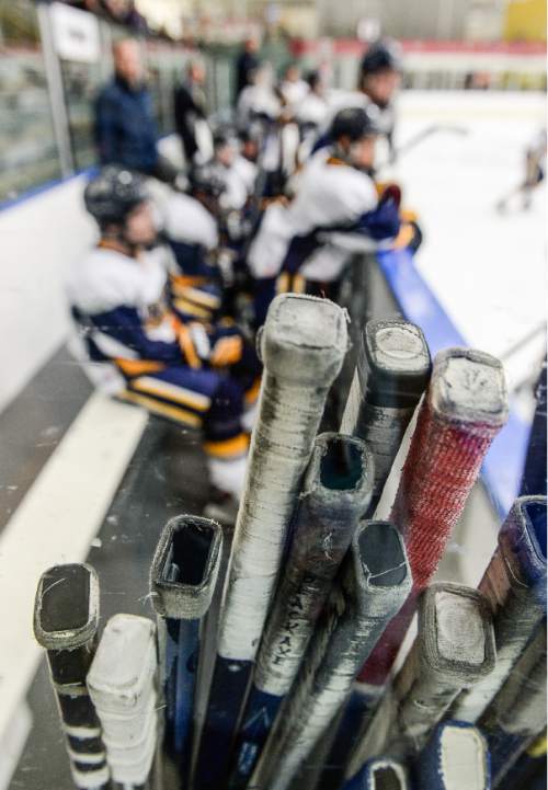 Francisco Kjolseth  |  The Salt Lake Tribune 
Hockey sticks wait a possible turn on the ice as Northern Arizona University takes on New York University in the world of Division II club hockey playing at the University of Utah this weekend.