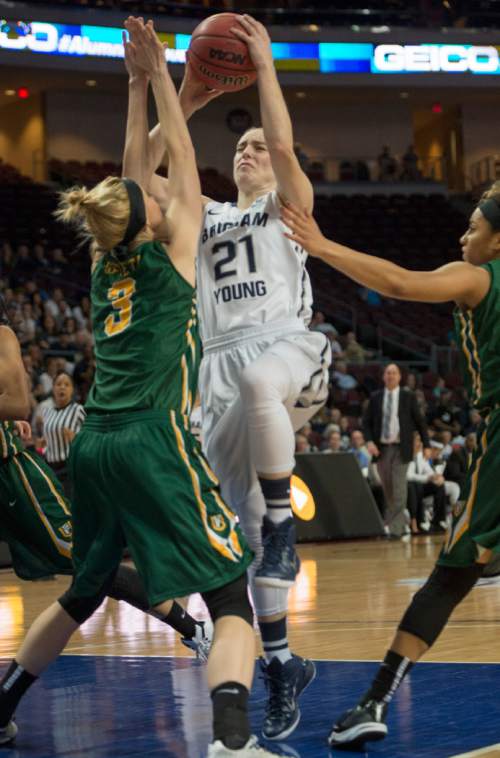 Rick Egan  |  The Salt Lake Tribune

Brigham Young Cougars guard Lexi Eaton (21) shoots over San Francisco Lady Dons forward Paige Spietz (3) in the West Coast Conference Women's Basketball Championship game, BYU vs. San Francisco, at the Orleans Arena in Las Vegas, Tuesday, March 10, 2015.