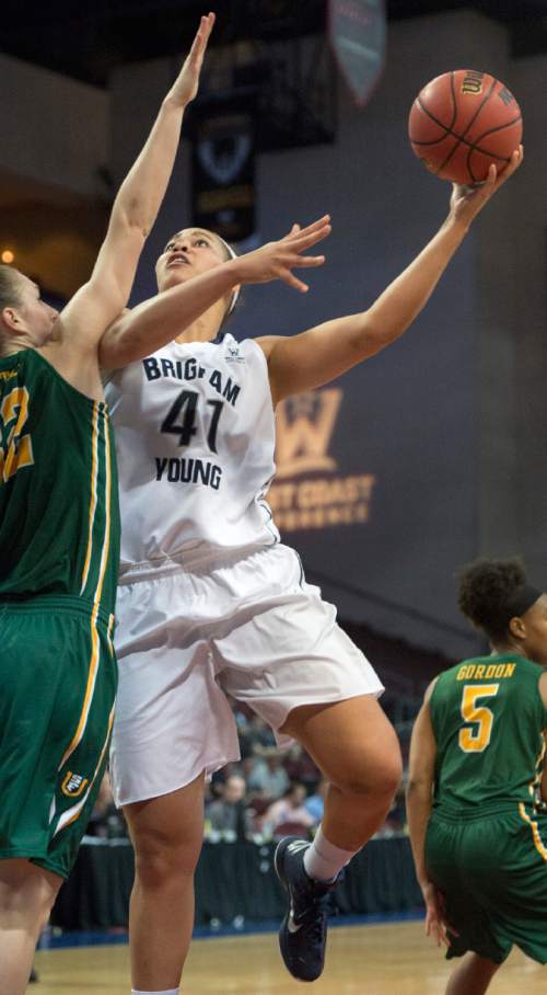 Rick Egan  |  The Salt Lake Tribune

San Francisco forward Taylor Proctor (32) defends for the Lady Dons, as Brigham Young Cougars forward Morgan Bailey (41) looks for a shot, in West Coast Conference Women's Basketball Championship game, BYU vs. San Francisco, at the Orleans Arena, in Las Vegas, Tuesday, March 10, 2015