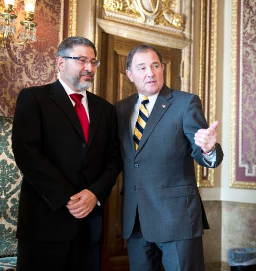 Lennie Mahler  |  The Salt Lake Tribune
Judge Constandinos Himonas and Gov. Gary Herbert speak after a press conference announcing Himonas' nomination to the Utah Supreme Court, Thursday, Dec. 18, 2014, at the Utah State Capitol.