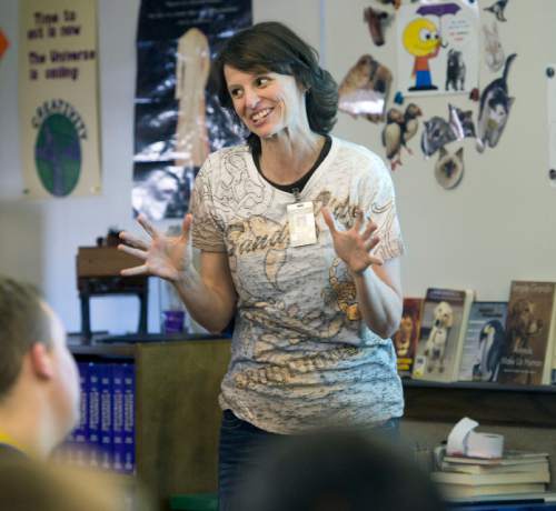 Steve Griffin  |  The Salt Lake Tribune

Sand Ridge Junior High School teacher Jennifer Graviet works with her ninth-grade language arts class at the Roy school Friday, March 20, 2015.