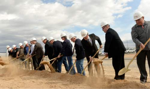 Al Hartmann  |  The Salt Lake Tribune 
Utah Department of Corrections officials and local leaders break ground with a symbolic shovel of soil for the new West One Unit of the Central Utah Correctional Facility in Gunnison Monday March 23, 2015.