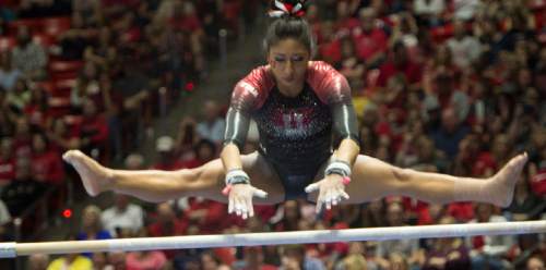 Rick Egan  |  The Salt Lake Tribune

Kassandra Lopez competes on the bars for the Utes, in the Pac-12 Gymnastics Championships at the Huntsman Center, Saturday, March 21, 2015.